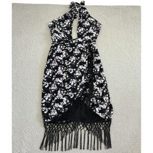 Y2K Fringe Dress Black Floral Halter Wrap Midi Whimsigoth Fairy Gt